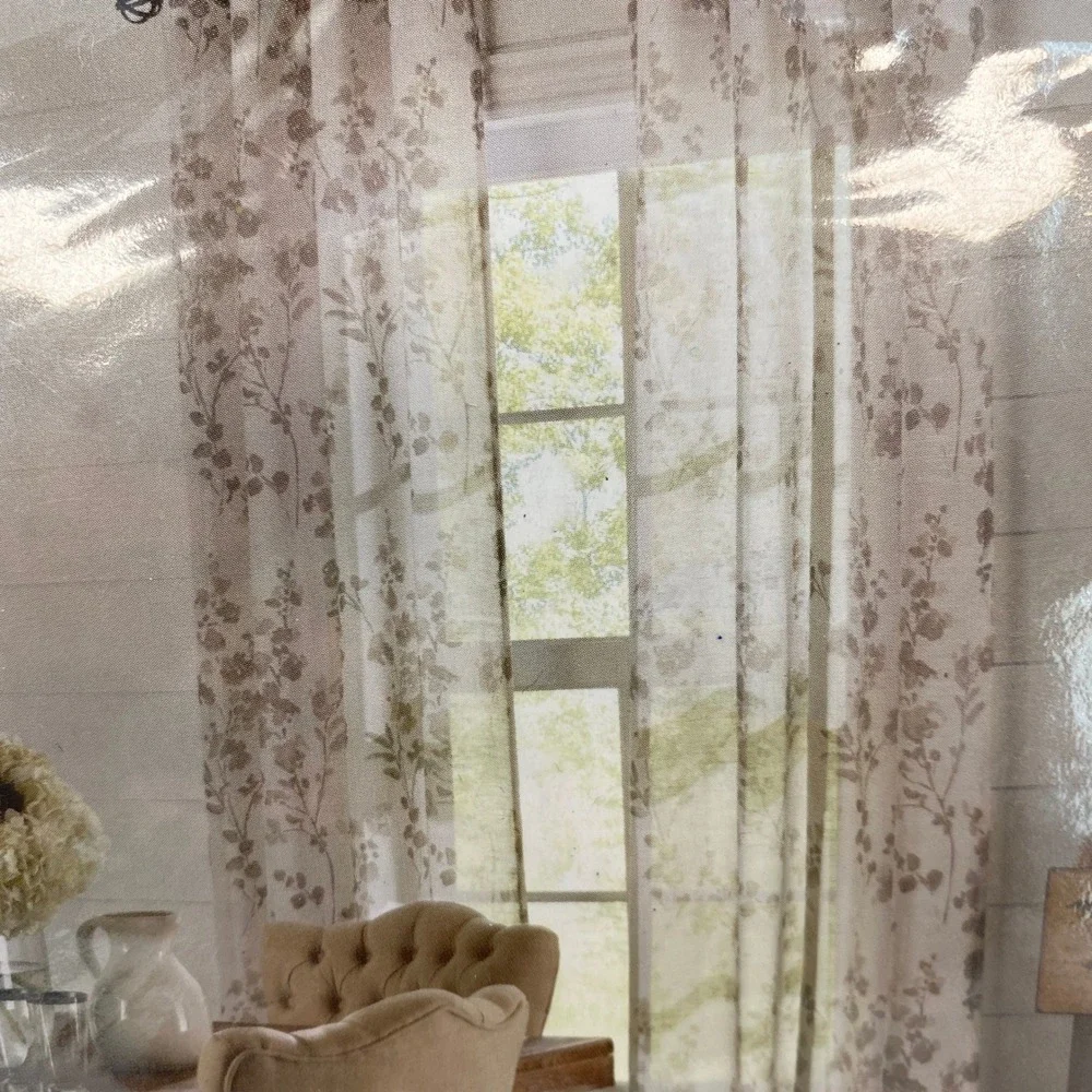 allen + roth Grommet Top Panel 54x84 Tan White Floral Vine Linen Blend Curtain